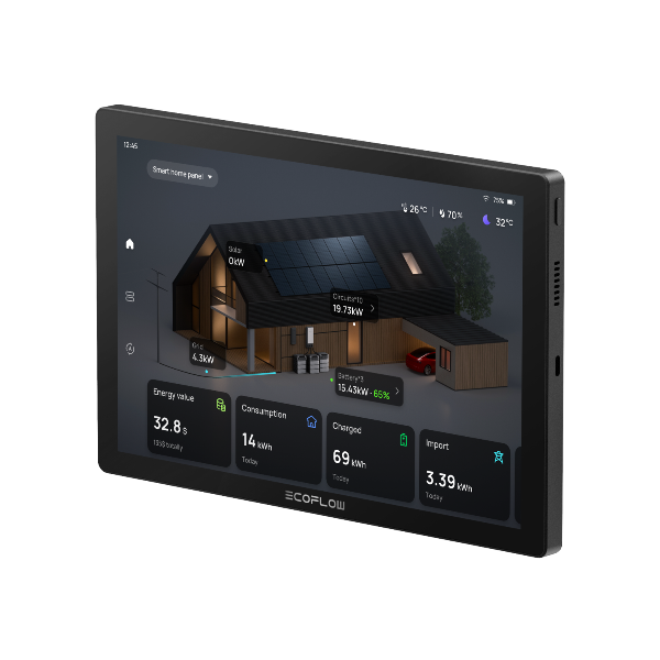 EcoFlow PowerInsight home energy manager tilted with graphics on the screen