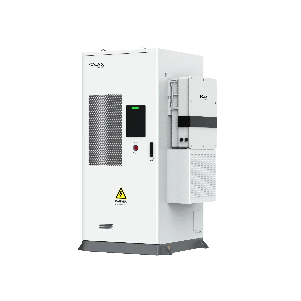 SolaX ESS AELIO 100kWh all-in-one hybrid inverter and battery tilted to show the inverter on the side