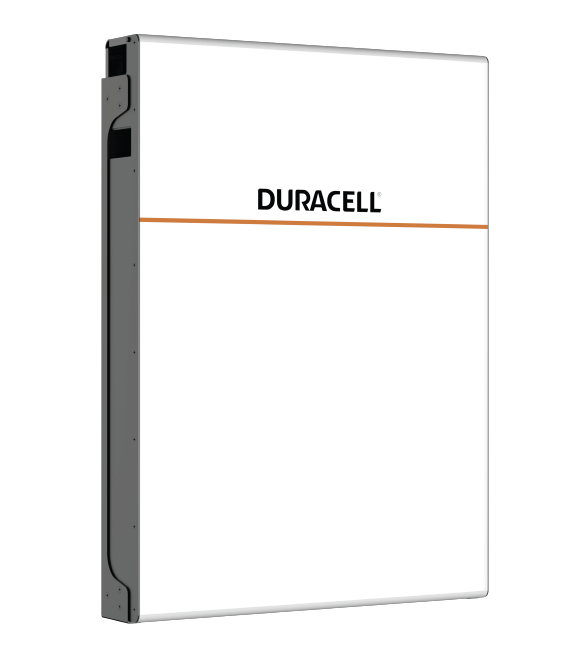 Duracell solar battery angled to the right to show the side