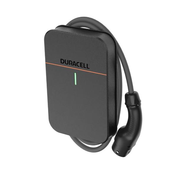 Duracell black EV charger angled downwards to show the top, side and charging cable