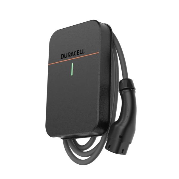 Duracell black EV charger from the side, showing the charging cable